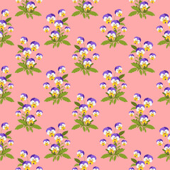 Fototapeta na wymiar Pansy flower seamless pattern, Floral pink wallpaper. Flat design. Botanical illustration.