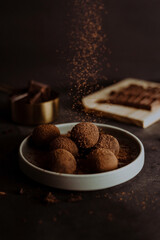 truffles and chocolate powder on dark background