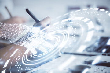 Double exposure of data theme sketch drawing over people writing background. Concept of technology