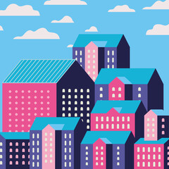 Fototapeta na wymiar Purple blue and pink city buildings landscape with clouds design, Abstract geometric architecture and urban theme illustration