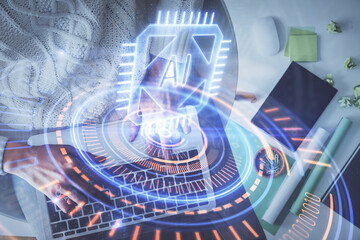 Double exposure of woman hands working on computer and data theme hologram drawing. Top View....