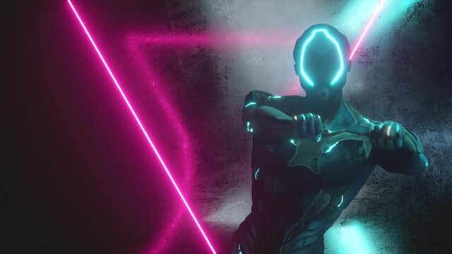 Dancing alien robot on a metal background with bright neon lights. The concept of joy and victory. Seamless loop 3d render