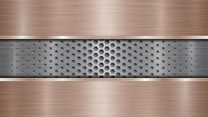 Background of silver perforated metallic surface with holes and two horizontal bronze polished plates with a metal texture, glares and shiny edges