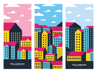 Yellow blue and pink city buildings landscape with clouds frames design, Abstract geometric architecture and urban theme illustration