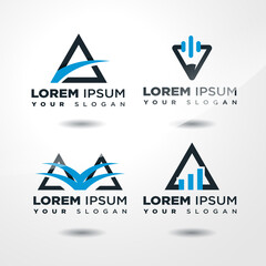 collection of concepts of logo design from the triangle shape and a combination of other shapes. business symbol of a large, clean, mature company. including triangles, pencils, straight lines.