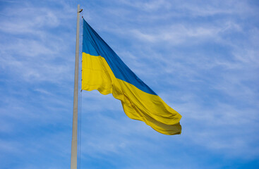 National flag of independent Ukraine waving in the wind