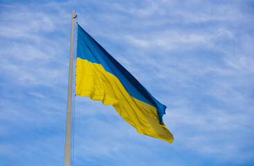 National flag of independent Ukraine waving in the wind