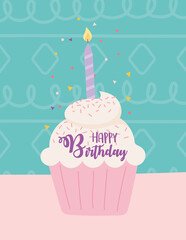 happy birthday, cupcake with burning candle confetti decoration celebration party