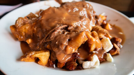 View of a dish with Poutine (french fries, cheese curds, brown gravy)