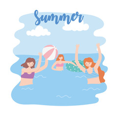 summer pool with girls and inflatable, playing ball