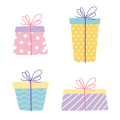 happy birthday, gift boxes wrapped surprise decoration celebration party festive icons set