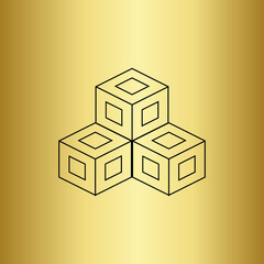 Three line art vector cube squares on a golden background