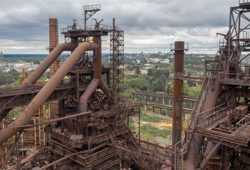 aerial photo of structures of an old abandoned steel plant