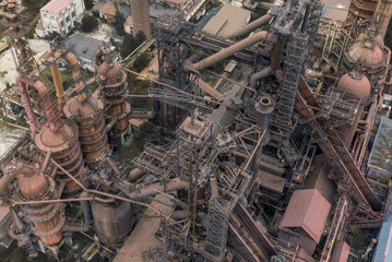 aerial photo of structures of an old abandoned steel plant