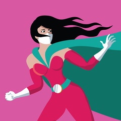 Superhero woman wearing a protective mask over her nose and mouth
