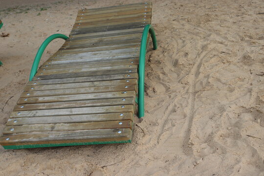 sun beds on sandy beach iew