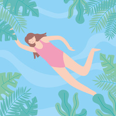 woman in bikini swimming in the pool, foliage leaves frame