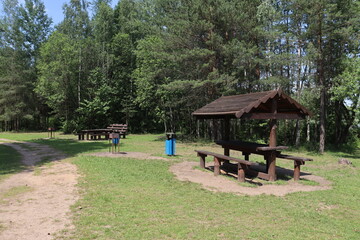 picnic area with barbecue spot in forest