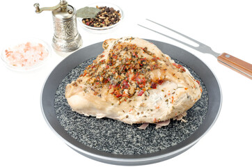 Meat dishes, grilled turkey with seasonings and spices.