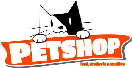 Cartoon black and white cat holding orange pet shop board, pet shop logo design