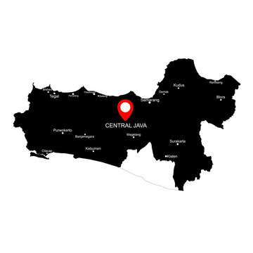Black and white maps of Central Java in Java Island with location icon