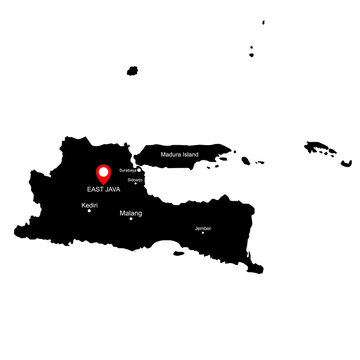 Black and white maps of East Java in Java Island with location icon