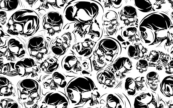 White vector seamless pattern with skulls, illustration set. Hand-drawn art for t-shirts, clothes, helmets, cars, covers and wallpapers. concept graphic design element. Isolated on black background.
