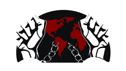 raised fists, broken chains, anti racism, anti slavery, red and black planet earth in the background, blood, logo, vector illustration