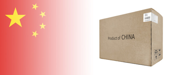 3D illustration of a paper box and flag. Background describing chinese goods. product of china.