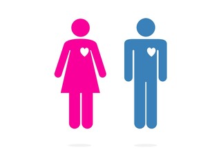 isolated blue and pink silhouette man and woman with heart symbols icons set flat vector design