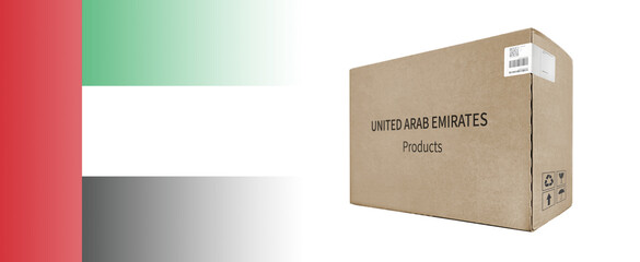 3D illustration of a paper box and flag. Background describing united arab emirates goods. product of uae.