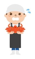 ズワイガニを持って慌ててる魚屋さんのイラスト。