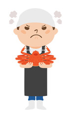 ズワイガニを持って怒ってる魚屋さんのイラスト。