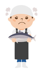 カツオを持って怒ってる魚屋さんのイラスト。