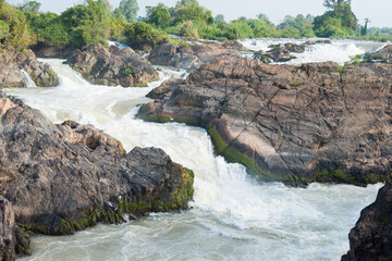 Li Phi Falls (Tat Somphamit) on Mekong River. a famous Landscape in the Mekong River, 4000 islands,...