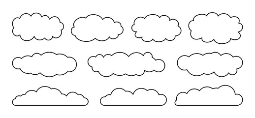 Cloud set. Sketch flat cartoon style. Line abstract elements, cloudy collection. Label, symbol, shape different contour clouds sky. Symbol for design, logo or app. Isolated vector illustration