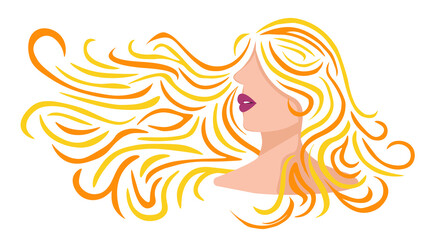 silhouette of woman with long hair in the wind, vector illustration