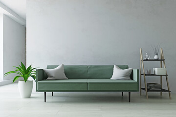Green Sofa, Plant and Shelf near the Old White Wall 3D Illustration