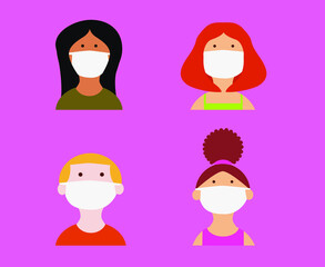 Women with face mask icon collection