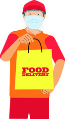 Man standing holding a bag with face mask and face shield 