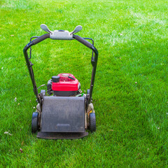 Fototapeta na wymiar Gasoline lawn mower on green grass.Backyard lawn care equipment