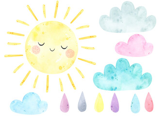 Watercolor cute sun, clouds, drop, rain weather watercolor set.  Sunny, sunshine, sky, sweet dreams. Watercolor prints, baby shower, greeting card. Hand drawn illustration. Nursery decor. Scandinavian