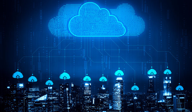 Cloud computing technology and online data storage for business network concept. Computer connects to internet server service for cloud data transfer presented in 3D futuristic graphic interface.