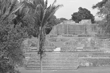Black and White, Xunantunich Archaeological Reserve. Historic ancient city ruins in Belize