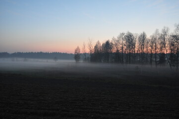 Krajobraz zimowy.  Zachód słońca we mgle. Polska - Mazury - Warmia.