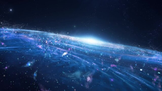 Fast traveling through the blue spiral galaxy in the universe, zooming galaxy animation
