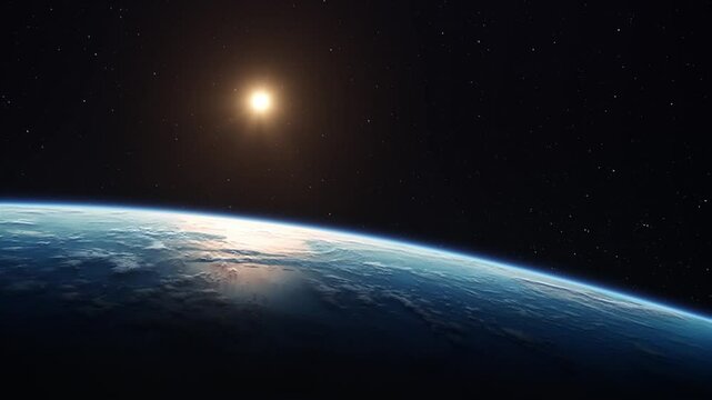Beautiful sunrise on earth, zoom in from blue planet and clouds, black background. Some of the material is from NASA.