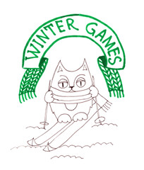 graphic color image of a cat in a knitted scarf on skis under a banner that reads the winter games