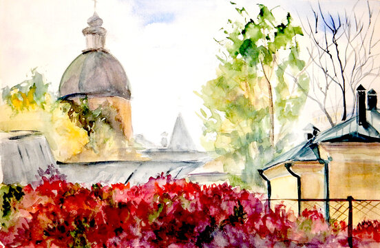 watercolor drawing of autumn moscow, russian city in autumn