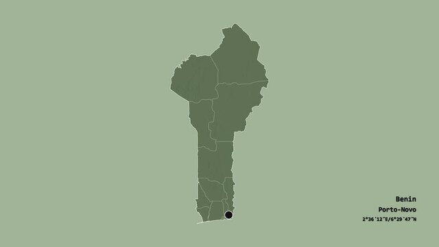 Borgou, department of Benin, with its capital, localized, outlined and zoomed with informative overlays on a administrative map in the Stereographic projection. Animation 3D